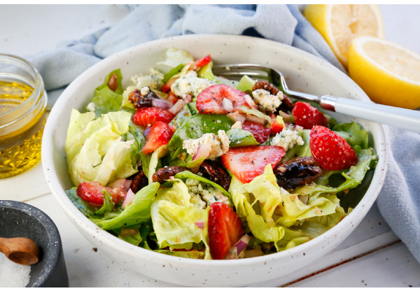 Butterhead Lettuce and Strawberry Salad with Blue Cheese and Candied Pecans