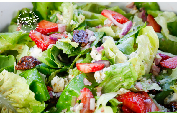 Butterhead Lettuce and Strawberry Salad with Blue Cheese and Candied Pecans