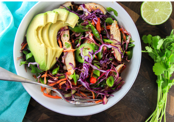 Grilled Chicken and Veggie Salad with a Soy Sesame-Ginger Dressing