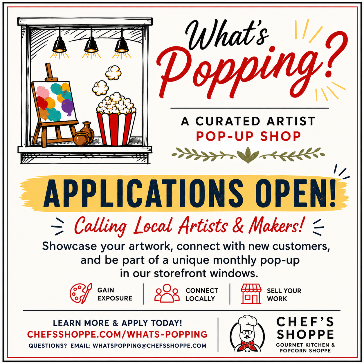 Calling local artists and makers!  We want to feature you in our store front window!  Learn more and apply today!